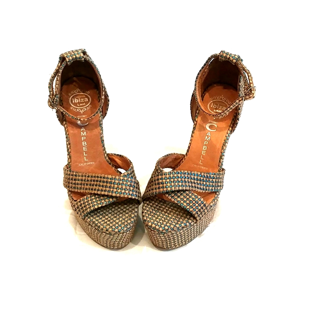 Jeffrey Campbell Turquoise and Raffia Wedges
